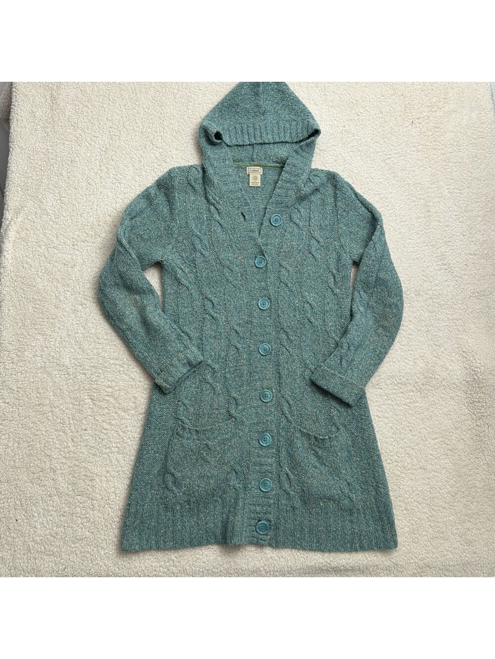 LL Bean Hooded Cardigan Duster Sweater Womens M Teal Cable Knit Long Wool Blend